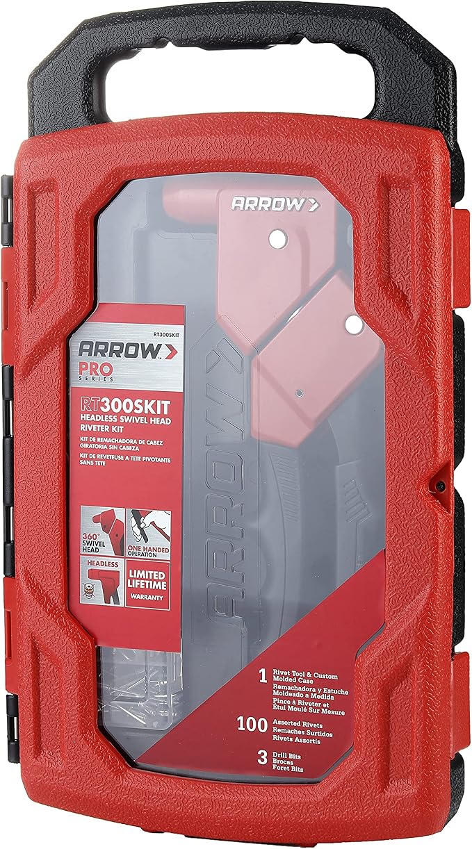 Arrow Fastener SHRTKIT-AM Rivet Tool Kit with RT300S Headless Riveter for Auto Body Repair, HVAC, Drop Ceiling Grids, and Sheet Metal Work, includes 100 Rivets and 3 Drill Bits, Black/Red