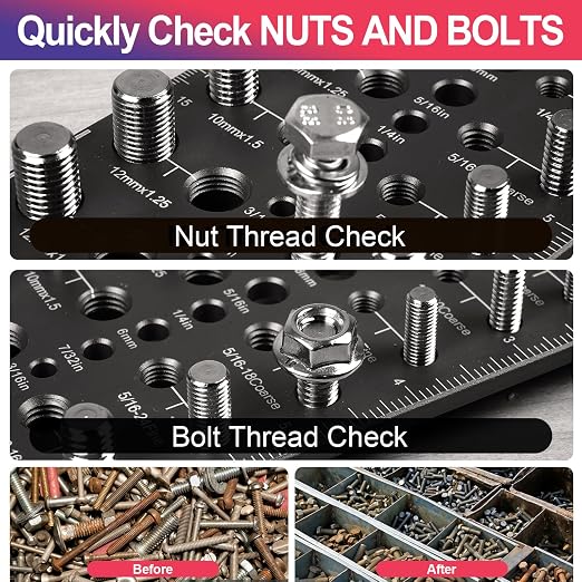 Nut and Bolt Thread Checker 32 SAE & 32 Metric Rustproof Solid Non-Deformable Thread Checker, Wall-Mountable Bolt Size Finder Tool, Bolt and Nut Sizer and 19 Drill Bit Sizes for Quick Measurement