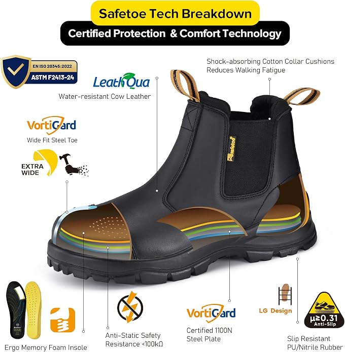 Steel Toe Work Boots for Men Cow Leather Slip on Safety Boot Ladder Grip Design