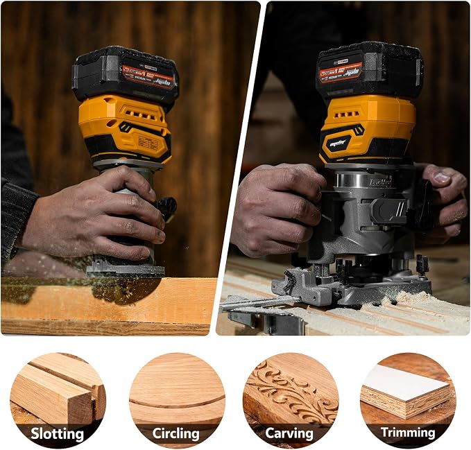 Compact Router Plunge/Fixed Base Kit (Tool Only), Compatible with Dewalt 20V 60V MAX Battery, Cordless, Brushless, Variable Speed, Wood Plam Router Tool For Woodworking, 12 PCS 1/4"Router Bits