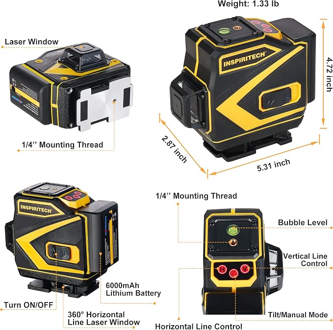 Floor Laser Level Self Leveling,3x360 Horizontal Vertical Cross Line laser, 3D Green Beam Squaring Alignment for Tiling Floor Wall Ceiling with 2 Lithium Batteries