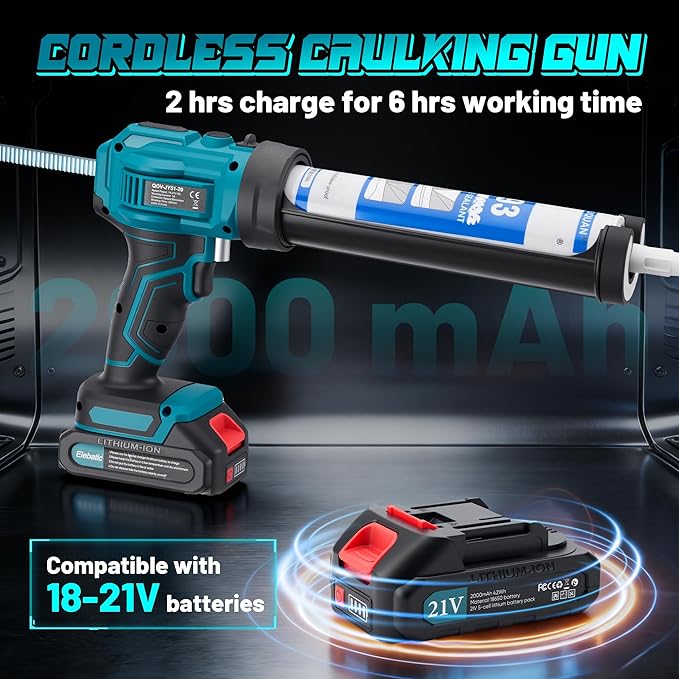 Electric Caulking Gun Cordless with 21V 2 * 2000mAh Rechargeable Batteries, 4 Adjustable Speeds up to 190 mm/min, 450LM built-in LED Light, 9 Pcs Silicone Caulking Tools set for Filling, Sealing