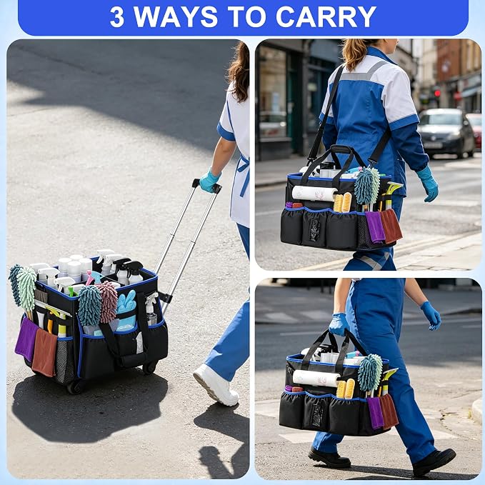 Large Rolling Cleaning Caddy Bag with Detachable Trolley, Cleaning Supplies Organizer Caddy on Wheels with Multi-pocket & Waist Pouch, Water Resistant Cleaning Cart with Shoulder Strap for Housekeeper
