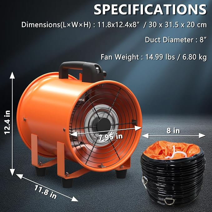 8 Inch Utility Blower Fan 900CFM Industrial Portable Exhaust Fan with 16.4Ft Duct Hose, 3300 r/min High Velocity Ventilation Extraction and Ventilation Fan