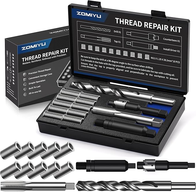 M11x1.25 Metric Thread Repair Kit, with HSS Drill, HSS Tap, Counterbore, Installation Driver, M11x1.25MM 10 pcs 304 Stainless Steel Inserts (28.2mm Length)