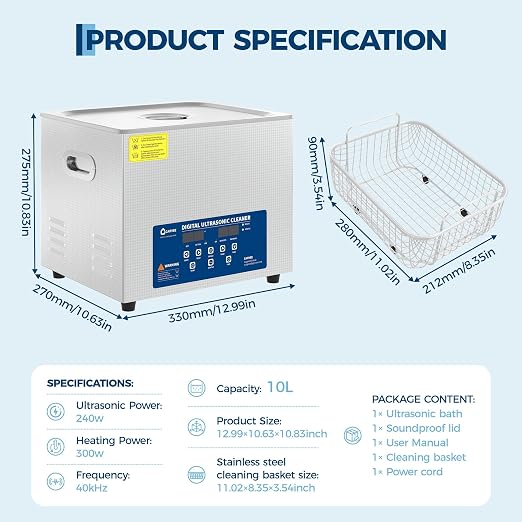 10L Heated Ultrasonic Cleaner – Professional Digital Timer & Stainless Steel Tank, Heavy-Duty Cleaning Machine for Auto Parts, Jewelry, Glasses & Industrial Components | Heated Ultrasonic Cleaner,Professional Digital Timer&Stainless Steel Tank