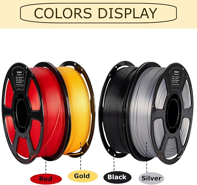Silk PLA Filament Bundle 4kg, Shiny 3D Printer Filament 1.75mm Pack, Accuracy +/- 0.02mm, Neatly Wound, Smooth Silky 3D Printing Filament Kit, 4 Spools 1KG Each, Gold+Silver+Black+Red