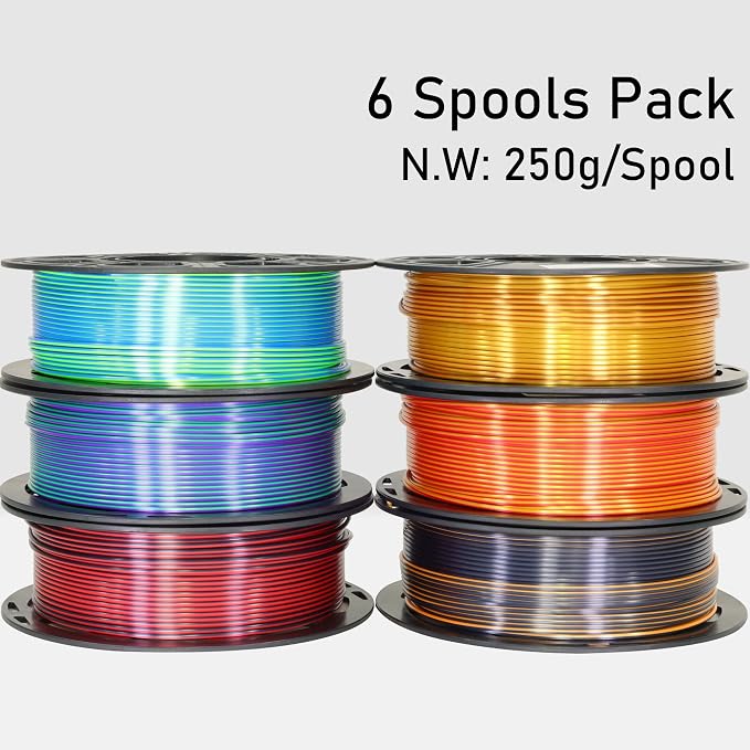 MIKA3D 6 Spools Bicolor Dual Color 1.75mm 3D Printer Filament Bundle, 3D Printing Silk PLA, Silk Black-Purple/Purple-Gold/Black-White/Black-Orange/Red-Blue/Black-Red, 3D Printing PLA 250g X 6 Spools