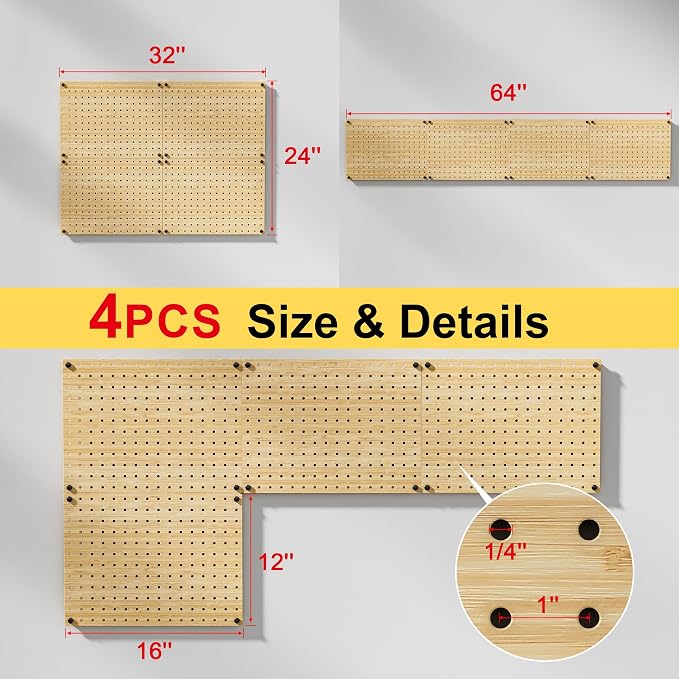 VOIMO Bamboo Peg Board, Eco-Friendly Pegboard Organizer Set with 35 Hooks – Wall Mounted Storage Rack for Kitchen, Tools, Crafts, Garage & Office – Pegboards System for Home Organization
