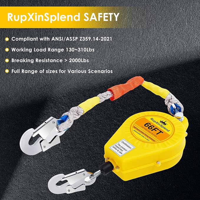 Fall Arrester Protector Self Retractable 66FT Fall Protection Gear Double Locking, Dual PPE+Alloy Steel housing Heavy Duty Lifeline Safety Lanyard Rope Cable Wire Roofing Construction
