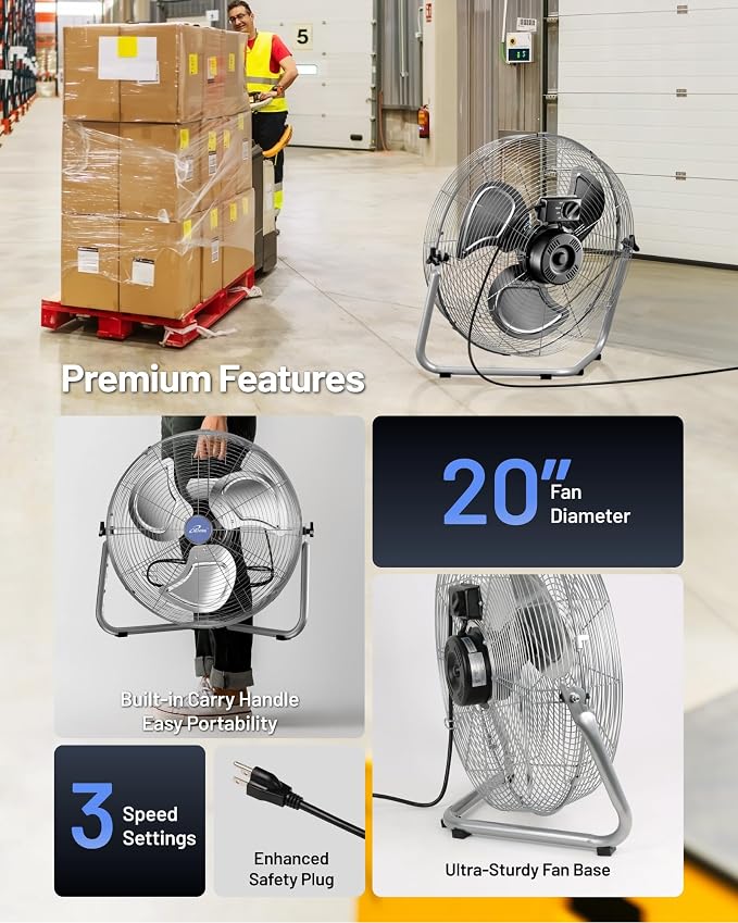 iLiving 20 Inch 7500 CFM Turbo High Velocity Floor Fan, 3-Speed Heavy Duty Metal Fan for Office, Commercial, Workstation, Greenhouse, Garage, Warehouse, Shop Attic Use, Silver, UL Listed
