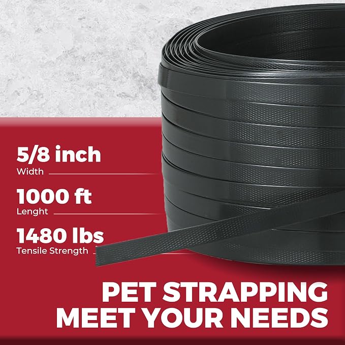 Pallet Strapping Kit with Tools - 5/8" x 1000' Heavy-Duty Black PET Strapping, Tensioner & Sealer, 100 Metal Seals for Securing, Shipping & Bundling | Industrial-Grade Polyester Banding Set