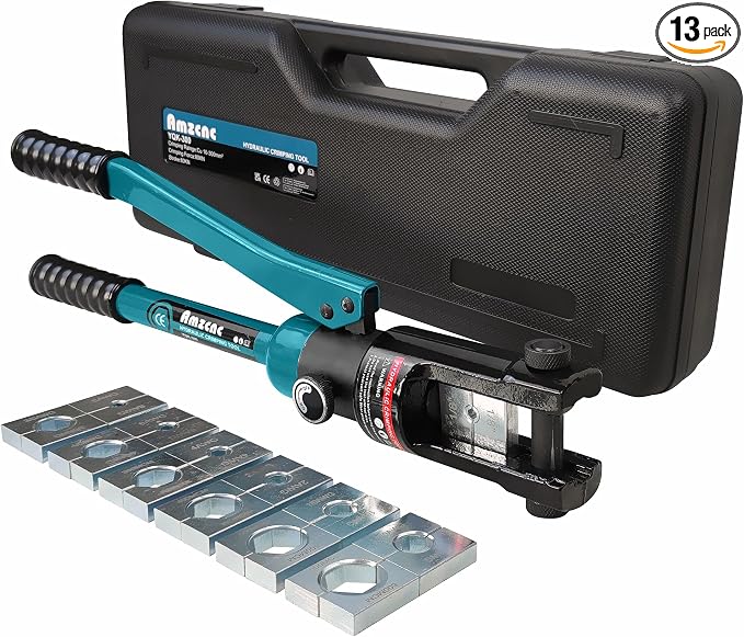AMZCNC Industrial Hydraulic Cable Lug Crimper 16 Ton 9 AWG to 600 MCM Electrical Terminal Cable Wire Tool Kit Includes 13 Pairs of Die Sets