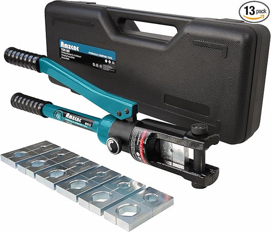 AMZCNC Industrial Hydraulic Cable Lug Crimper 16 Ton 9 AWG to 600 MCM Electrical Terminal Cable Wire Tool Kit Includes 13 Pairs of Die Sets