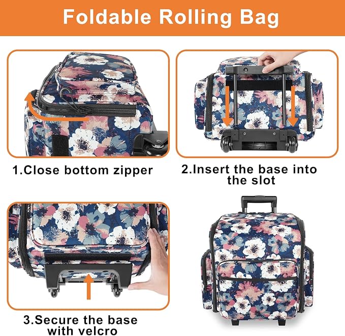 YOREPEK Large Rolling Craft Bag Wheels, Briefcase Gift for Crafter Teacher | Roller Scrapbook Tote, Water Resistant Scrapbooking Rolling Briefcase for Scrap Book Stickers Supplies and Tools, Floral
