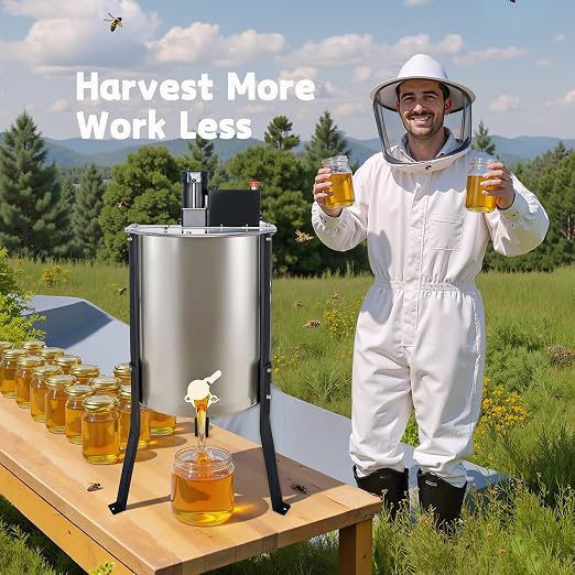 BeeCastle 3 Frame Electric Honey Extractor Stainless Steel Honey Processing Equipment, Powered Honeycomb Drum Spinner with Transparent Lid and Height Adjustable Stand
