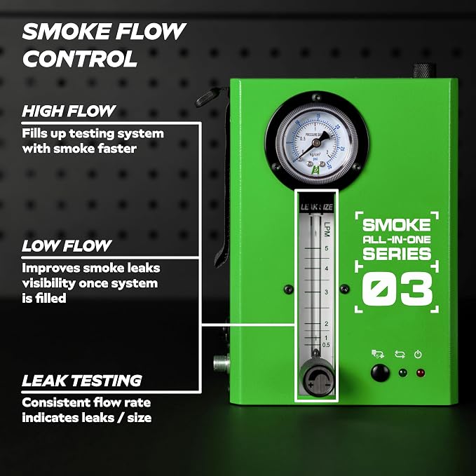 Automotive Smoke Machine Leak Tester for EVAP w/Built-in Air Motor and Pressure Gauge - Model 03 - Exhaust Smoke Detector Tools Kit - Car Smoke Machine w/Flow Meter and Best Ranked Smoke Fluid, Green