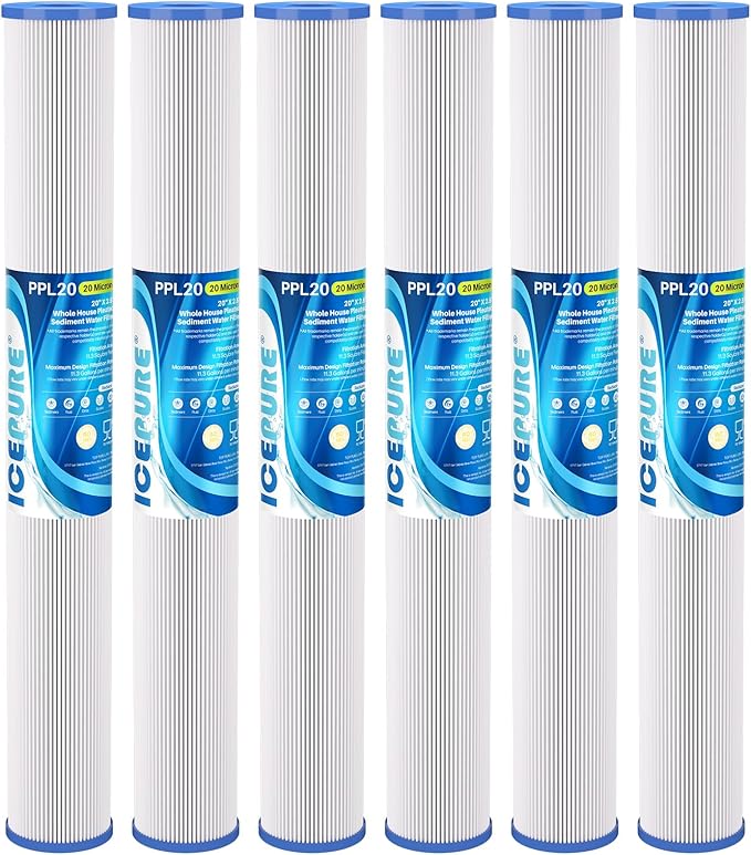 ICEPURE 20 Micron 2.5" x 20" Whole House Pleated Sediment Water Filter Cartridge for Well Water, Replacement for ECP20-20, SPC-25-2020, ECP1-20, ECP5-20, SPC-25-2005, SPC-25-2001, 6PACK