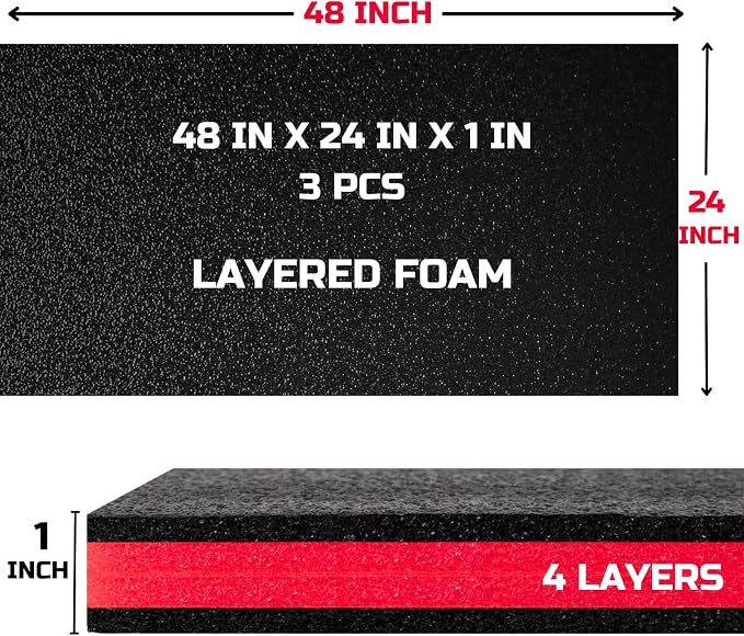 ONREVA Tool Box Foam 48x24x1 inch 3Pack, Foam Inserts for Cases, Polyethylene Storage Sheets for Toolbox Hard Case, Tool Shadow Insert, Kaizen Organizer Sheet, Black with Red