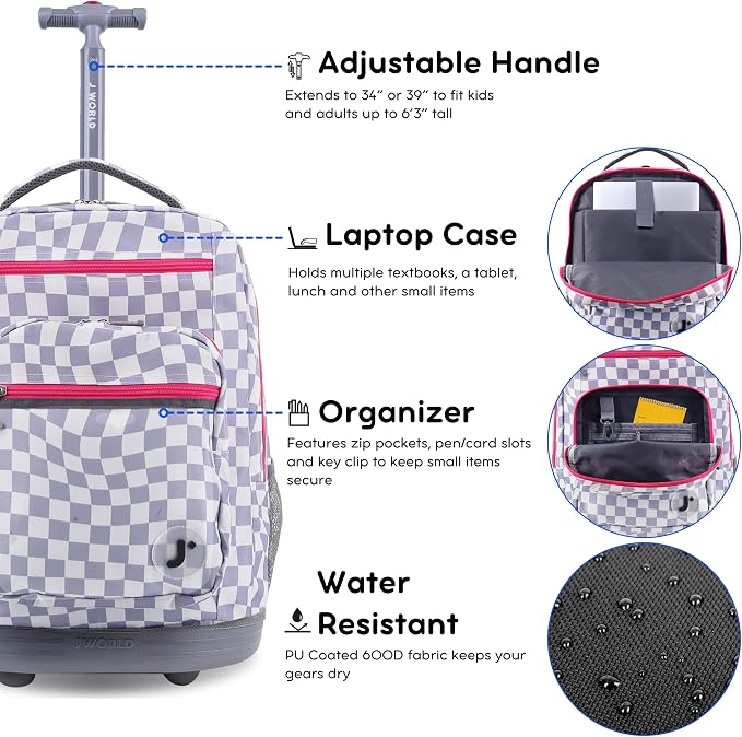 J World Sundance Laptop Rolling Backpack for Girls Boys. Roller Bookbag with Wheels, 20 Inch, Lavender Checkers