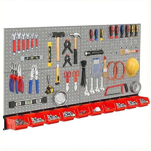 Peg Board Wall Organizer, Gray Metal Pegboard Organizer, 4 Metal Pegboard Panels(12"x24") with 55 Accessories, Wall Mount Large Peg Board Kit with Hooks, Bins for Home, Garage, Workbench