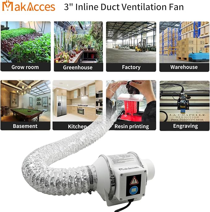 Powerful 3 Inch Duct Fan with 1.5M Pipe,Copper Motor, Enhanced Air Flow, Low Noise Level for Efficient Smoke&Odor Extraction,for 3D Printers, Laser Engravers,Resin&Painting Ventilation