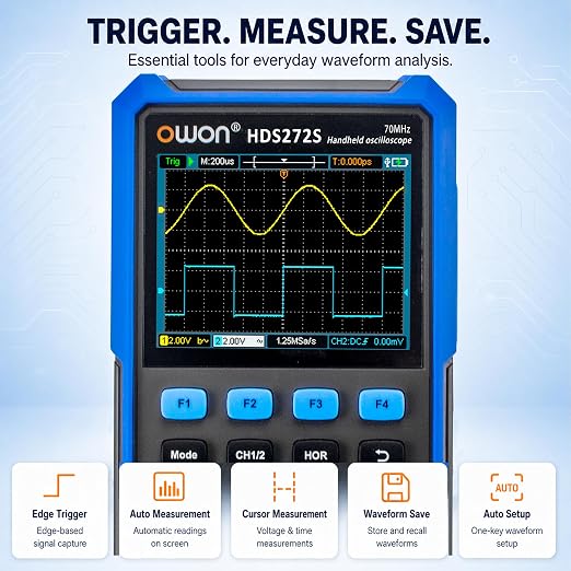 70MHz Bandwidth 2+1CH Handheld OWON Oscilloscope 3 in 1 Functions with 4 1/2 Multimeter 25MHz Arbritary Waveform Generator (2+1 CH/HDS272S)
