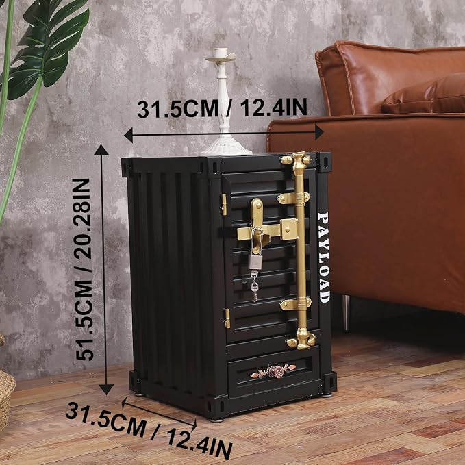Industrial Shipping Container Nightstand - 20 Inch 3-Tier Iron Bedside Table with Drawer, Handcrafted Rustic Distressed Metal End Table for Bedroom, Bar, Garage (Black)