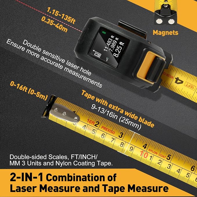 PREXISO Multi Surface Laser Level LED Light Vial, 30Ft Horizontal and Vertical Line Laser & PREXISO 2-in-1 Digital 135Ft Rechargeable Laser Tape Measure