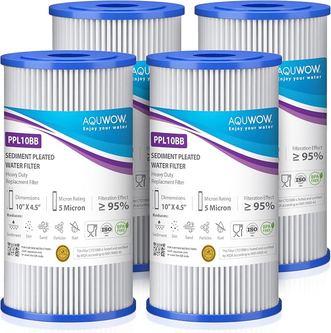 PPL10BB 5 Micron 4.5" x 10" Sediment Pleated Water Filter Set – Big Blue Replacement Cartridges for Whole House Water Filtration Systems Durable Premium Quality (4, 10 x 4.5)