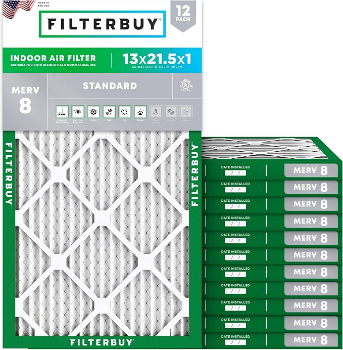 Filterbuy 13x21.5x1 Air Filter MERV 8 Essential Dust & Allergy Defense (12-Pack), Electrostatic Pleated HVAC AC Furnace Filters Replacement, Made in USA (Actual Size: 12.88 x 21.50 x 0.75)