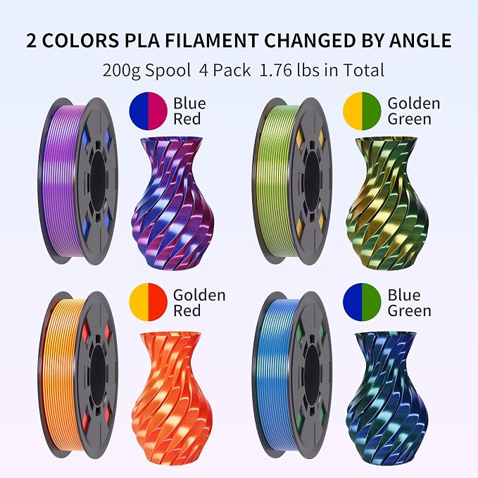 RAMBERY Silk Dual Color PLA Filament 1.75mm, Multi-Color, 4 Spools | +/- 0.02mm Tolerance, 200g per Spool, Red/Blue, Gold/Red, Blue/Green, Gold/Green