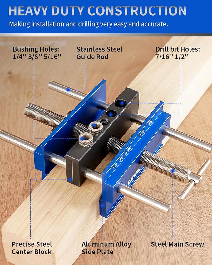 DAYDOOR 6.7" Self Centering Dowel Jig, Wide Capacity Doweling Jig & Drill Guide for Woodworking, Complete Kit with 6 Steel Bushings for Straight Holes(Blue)