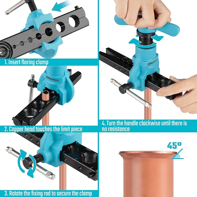 DURATECH Tubing Flaring Tool Kit, 45° Eccentric Cone Flaring Tool with Clutch, 7 Dies for 3/16 ” to 3/4 ” Copper, Aluminum, and Brass Tubing, for HVAC, Refrigerator Repair and Handmade