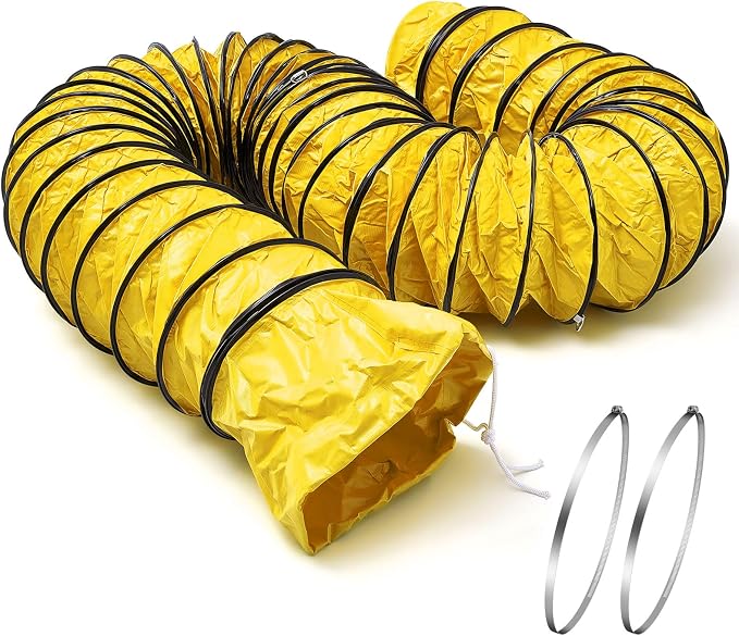 Pangda 1 Pack 25ft Duct Hosing PVC Flexible Ducting Hose 12 Inch HVAC Duct Hosing Flame Retardant with Stainless Steel Air Ducting Clamps Adjustable Hose Clamps for Utility Blower, Yellow