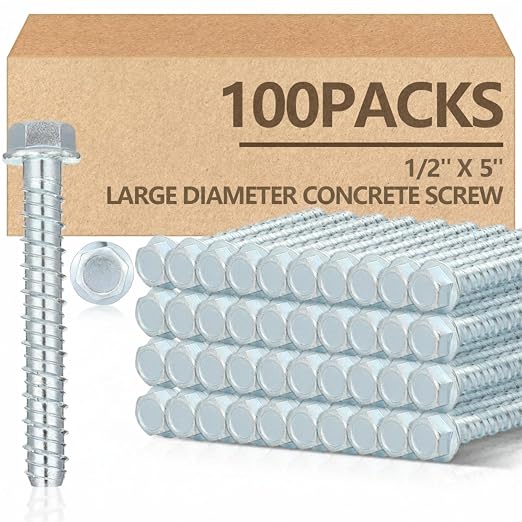Tandefio 100 Pack 1/2" x 5" Concrete Screw Anchor Galvanized Large Diameter Heavy Duty Plated Concrete Anchors for Masonry Brick Anchoring Block Decking Framing Hex Drive