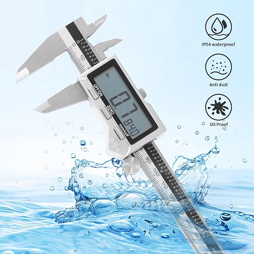 6 inch Stainless Steel Digital Caliper & Rule Set | IP54 Splash-Proof Protection, Inch/Metric/Fraction Switch, Large LCD Display, DIY/Household
