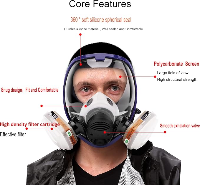 17in 1 Reusable Full Face Respirator Widely Used in Paint Sprayer, Chemical,Woodworking,Dust Protector
