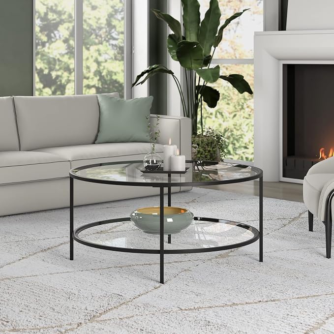 Henn&Hart 36" Wide Round Coffee Table with Glass Top in Blackened Bronze, Modern coffee tables for living room, studio apartment essentials