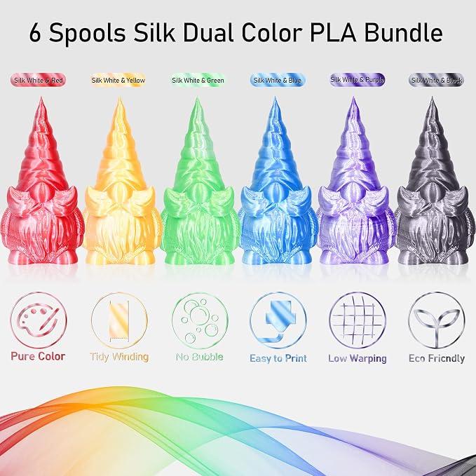MIKA3D Dual Color 1.75mm 3D Printer Filament Bundle, 3D Printing Silk PLA 6 Spools Pack, Silk White Purple,White Blue,White Orange,WhiteBlack, WhiteGreen, WhiteRed,3D Printing PLA 250g X 6 Spools