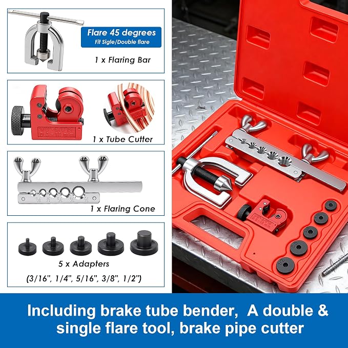 smseace 112Pack 3/16 Inch Brake Line Flaring Tool Kit Include 25 FT Zinc-Plated Brake Line Kit with 94pcs Fittings,8pcs Union,Tubing Bender,Double & Single Flare Tool,Cutter
