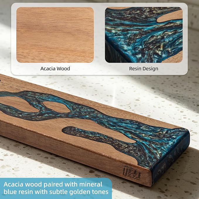 FINDKING Magnetic Knife Strip for Wall, Solid Acacia Wood with Mineral Blue Resin Inlay, Wall-Mounted Knife Holder with Strong Magnetic Hold, No-Drill Adhesive Mount (16 Inch)