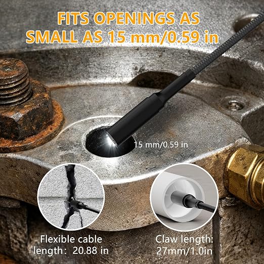 Endoscope Camera with Light and Grabber, Sewer Borescope Inspection Mirror with Magnetic Pickup, Drain Snake Scope for Automotive Repair & Pipe Cleaning, IP67 Waterproof, 6 LED, 19.7-Inch