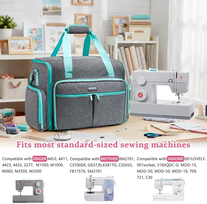 AMOIGEE Full-Open Sewing Machine Case with Wheels, Large Rolling Sewing Machine Bag with Detachable Foldable Dolly, Heavy-Duty Embroidery Tote for Brother Singer Janome Standard Machines Storage