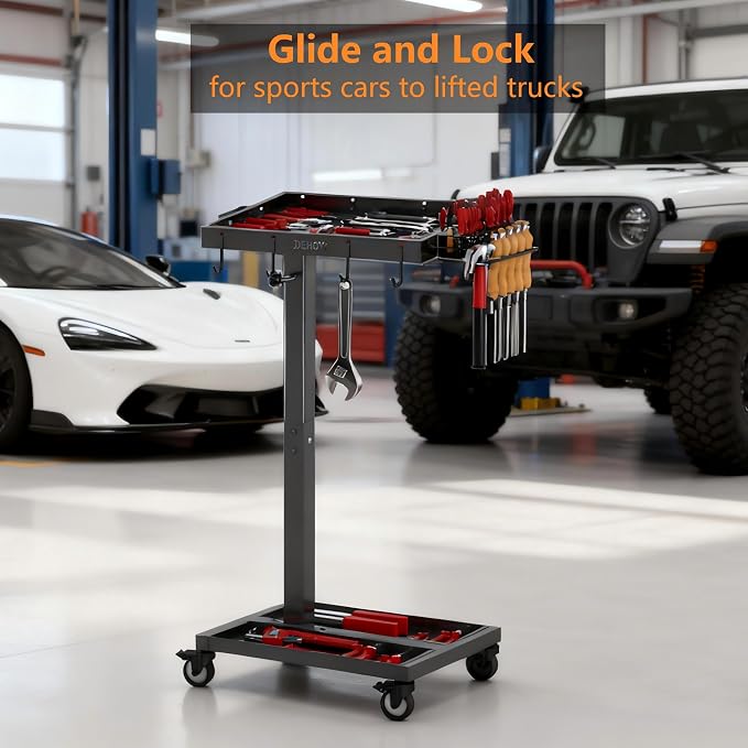 DEHOYI Adjustable Height Metal Tool Cart with Wheels, Heavy Duty Rolling Mechanic Tool Tray for Garage, Workshop (Black)