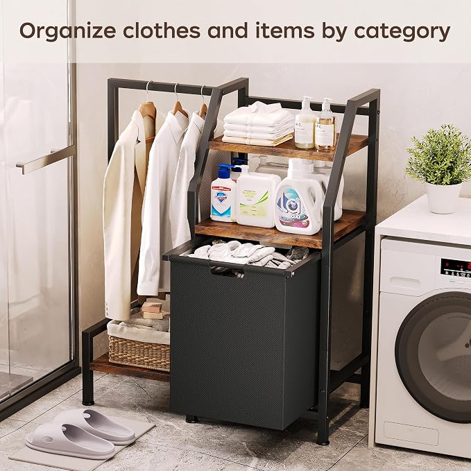 Laundry Hamper with Hanging Rack and 3 Shelves, Large Laundry Storage Basket, 3-in-1 Vertical Laundry Sorter, Laundry Room Organizer Storage for Small Spaces