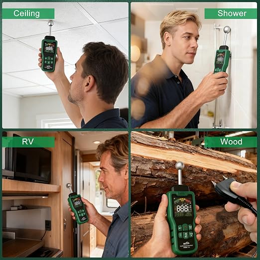 Moisture Meter, SQECH Pin&Pinless Moisture Meter with Thermometer, Alarm, Multifunctional Wood Moisture Meter with Color LCD, Needle Sensor for Walls, Wood, Masonry, Caravans, Apartments