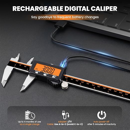 HARDELL Rechargeable Digital Caliper, 12 Inch Calipers with Large Orange Screen (No-Backlight), Auto-Off, Quick Change Button for Inch/MM/Fraction, Stainless Steel Vernier Caliper for Woodworking