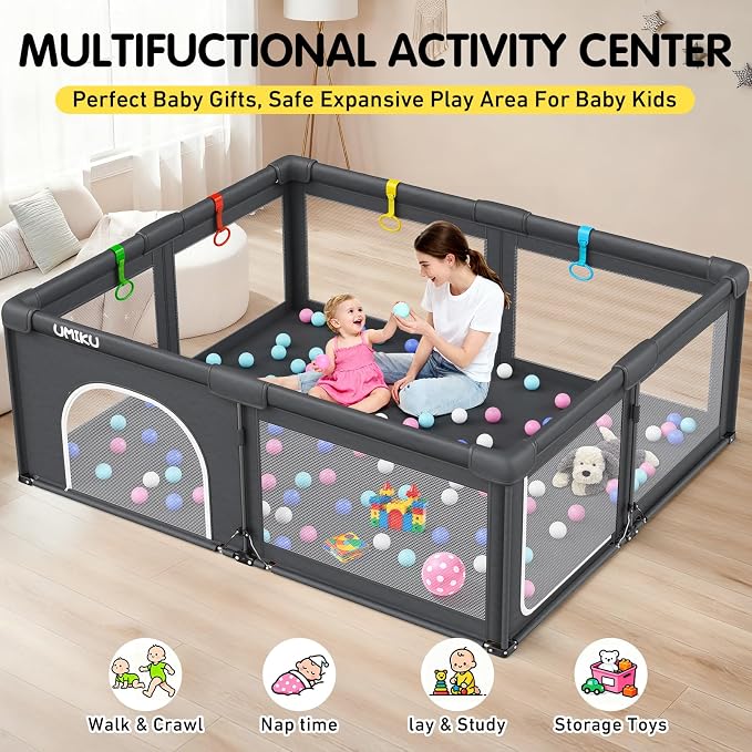 Baby Playpen Foldable Playpen for Babies and Toddlers, Extra Large Playpens Portable Play Pen Travel Activity Center for Kids Indoor Outdoor Pack and Play Baby Shower Gifts, 71"X59" Dark Grey