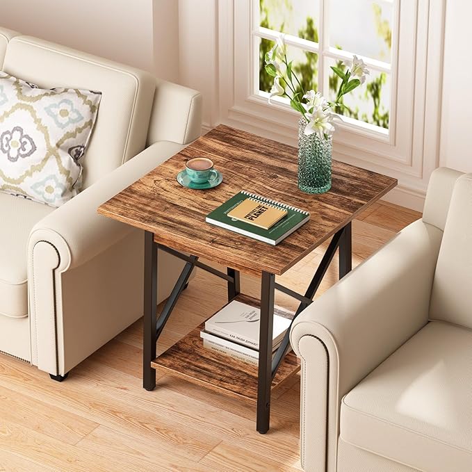 GreenForest Square End Table 24 Inch with X-Frame 2-Tier Storage | Nightstand for Living Room & Bedroom, Rustic Decor, Sturdy, Waterproof Scratchproof Top, Easy Assembly, Walnut